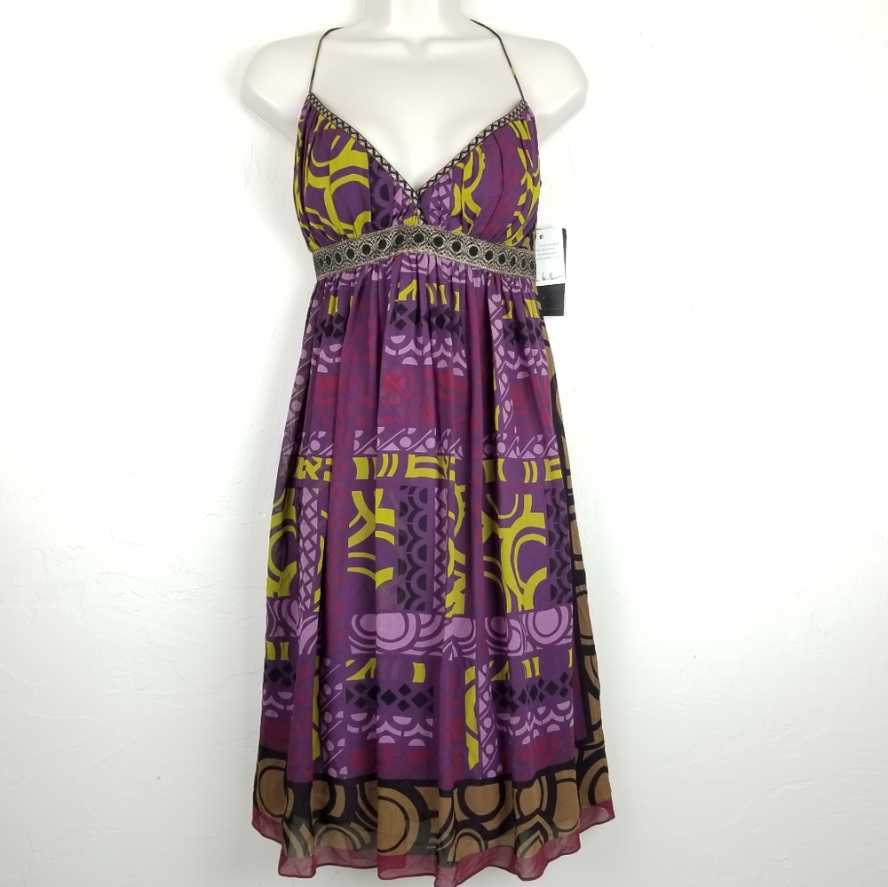 Nicole Miller 100% Silk Sun Dress V Neck Sz 6